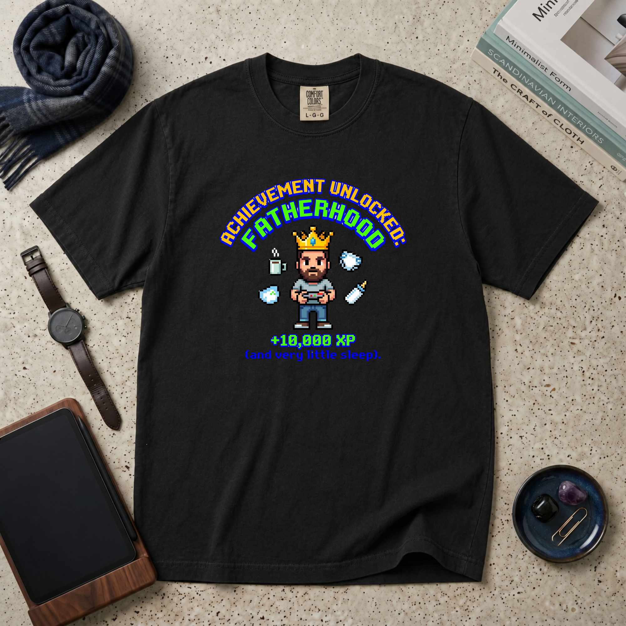 Fatherhood Achievement T‑Shirt — "Achievement Unlocked: +10,000 XP"