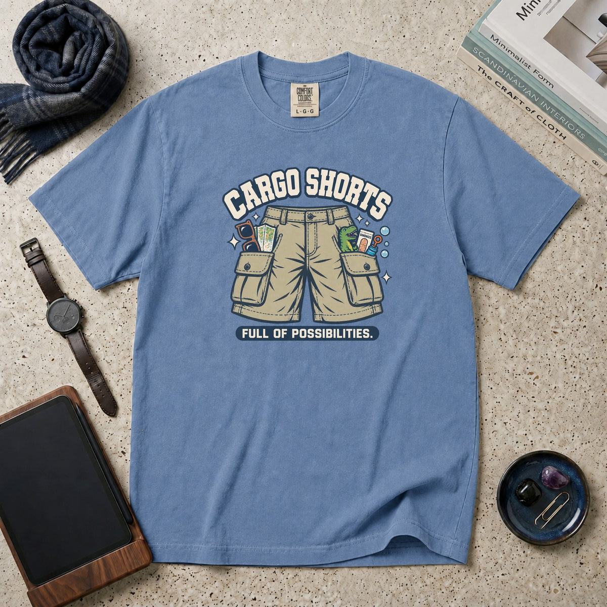 Cargo Shorts. Full Of Possibilities. T-Shirt – Blue Jean