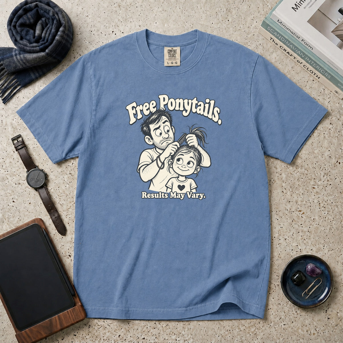 Free Ponytails. Results May Vary T-Shirt – Blue Jean